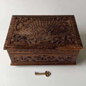 Vintage Hand Carved Wooden Jewelry Box Peacock Teak w/ Lift-out Tray & Key